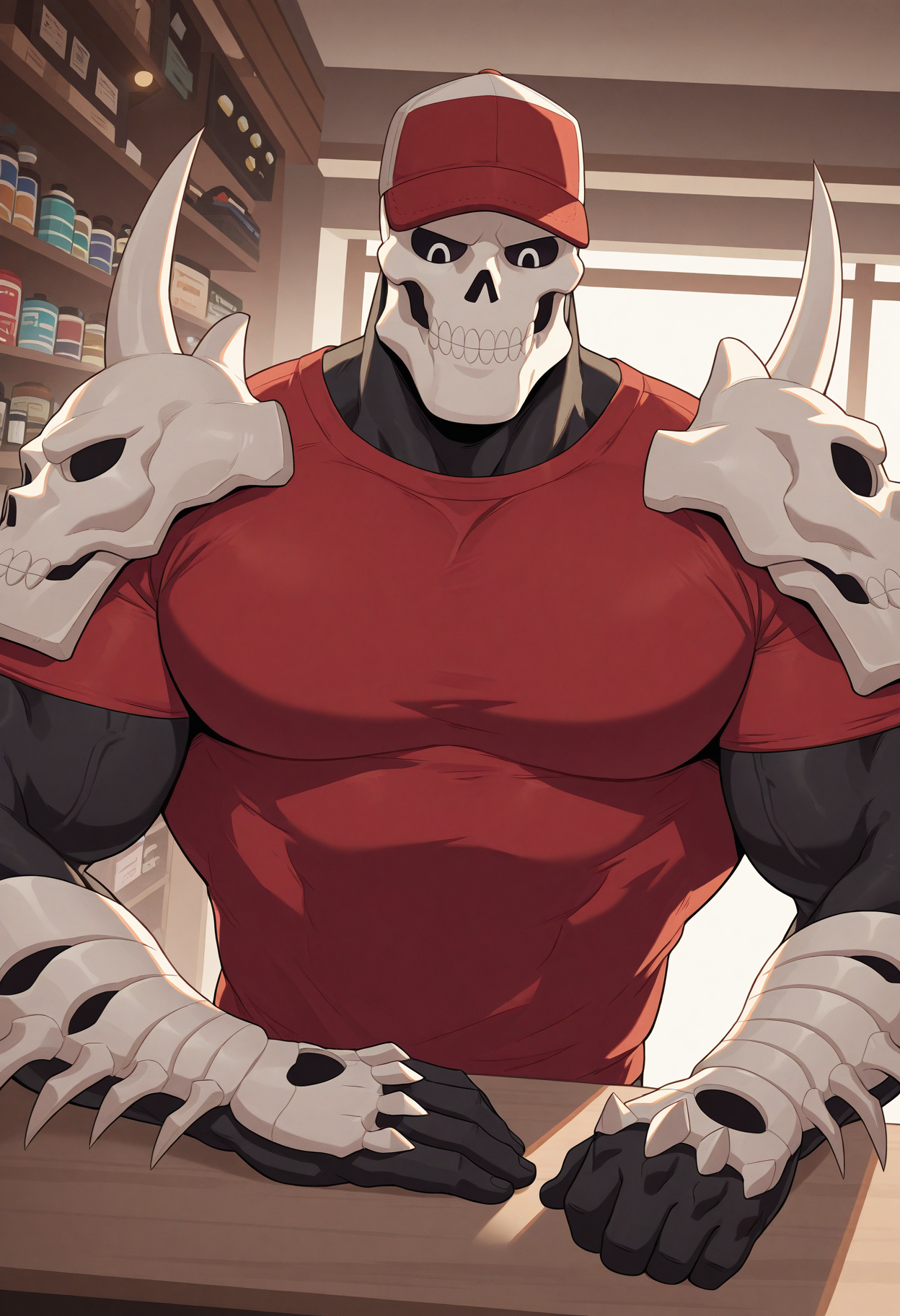 male focus, solo, 1 boy, sm4gedd0n, black skin, baseball cap, red shirt, shoulder armor, muscular, beefy, pecs, broad shoulders, indoors, shop, counter, dutch angle,  perfect anatomy, masterpiece, perfect quality, best quality, detailed, newest, very aesthetic    <lora:Skullmageddon_RiverCityGirls_V1_ILXL_r1:0.9000000000000001>