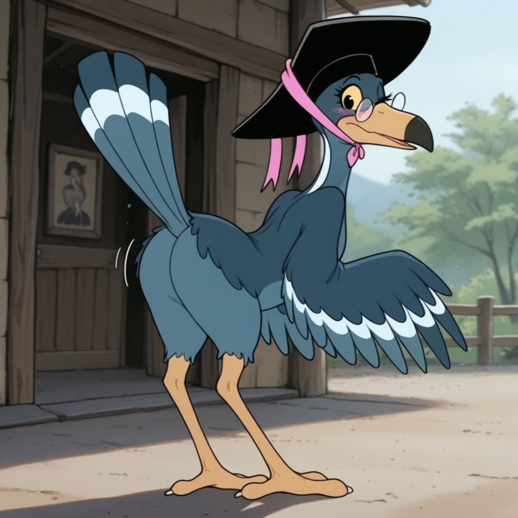 masterpiece, best quality, amazing quality, Magpiebbil, semi-anthro, female, bird, blue feathers, black eyes, yellow sclera, winged arms, glasses, black hat, pink ribbon,  standing, from behind, raised tail, looking back, wink, blush, outside