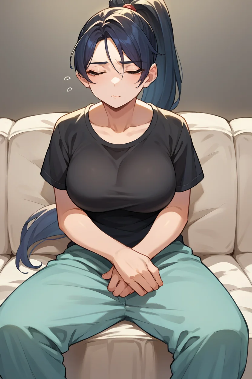 score_9, score_8_up, score_7_up, score_6_up, source_anime, BREAK 1girl, solo <lora:doamomiji-pdxl-nvwls-v1-000005:1> doaMomiji, ponytail, black t-shirt, pajama pants, sitting, couch, tired, large breasts, sleepy