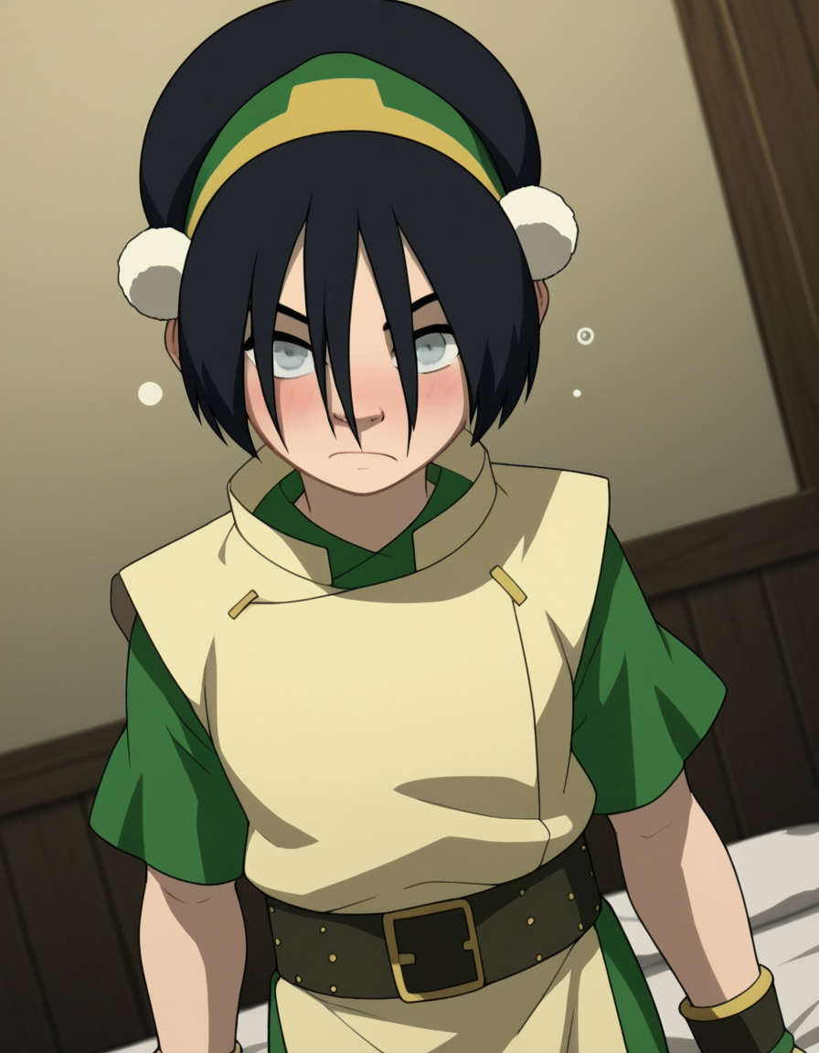 score_9, score_8_up, score_7_up, source_anime, <lora:toph-beifong-book2-ponyxl-lora-nochekaiser:1>, toph beifong, black hair, hairband, blind, grey eyes, hair between eyes, short hair,, shirt, green shirt, vest, belt, short sleeves,, indoors, bed, bed room, on side, blush, drunk, looking at viewer, solo, cowboy shot, dutch angle