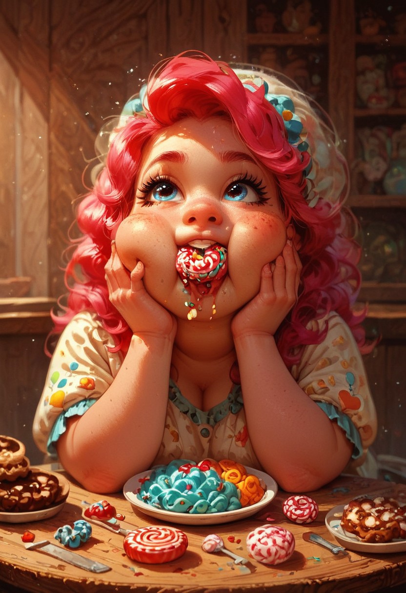 score_9, score_8_up, score_7_up, chubby pinkie pie sitting at a table eating ((sweets)), candy, candy shop, full cheeks, stuffing herself
