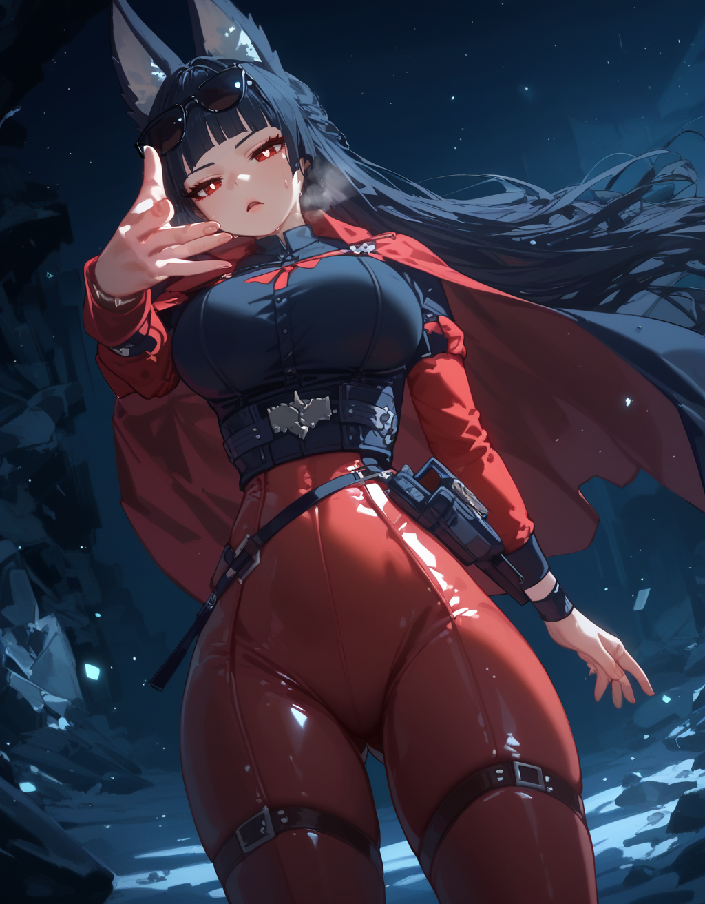 (score_9,score_8_up,score_7_up), masterpiece, best quality, Expressiveh, 1girl, red eyes, (red eyelashes), white pupils, blunt bangs, (fox ears:1.2), (cute face), side brides, (black hair), (very long hair), light pink lips, (straight hair), (perfect hands), shiny skin, sweat body, oily skin, semi big breasts, wide hips, thick thighs, (cinematic light:1.2), volumetric lighting, perfect hands,
zzzmiyabi, red bodysuit, long sleeves, straps, bracelet, (dark sunglasses), red cape,
(expressionless), (frown), (open mouth), heavy breathing, head tilt, 
cave, night, debris, light particles, wind, strong wind, snow, cold,moonlight, dark night, detailed background, from below, 
standing, throwing, eminemthrowingmeme,
<lora:Expressive_H:0.8>, <lora:zzzmiyabi.pony:0.85>, <lora:AIã¤ã©ã¹ããããã:0.65>, <lora:EminemThrowingMeme_pdxl_Incrs_v1:0.85>