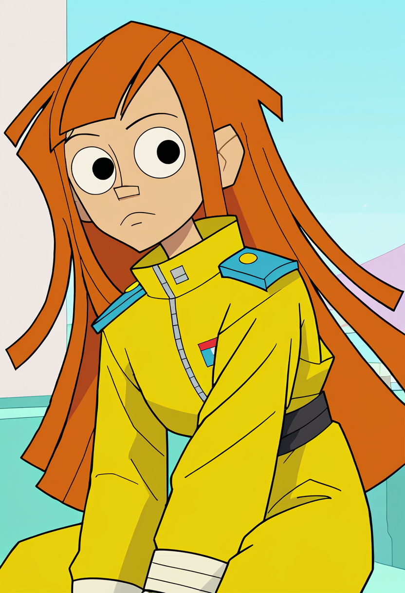 <lora:TwelveForever_Reggie_Pony:0.9>, reggie \(regular\), :|, reggie, twelve forever, 1girl, solo, orange hair, long hair, black eyes, bangs, military base, masterpiece, best quality, score_9, score_8_up, score_7_up
