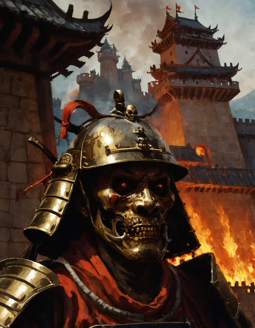 <lora:crmu:0.6>crmu, samurai with skull face, closeup, castle, fire