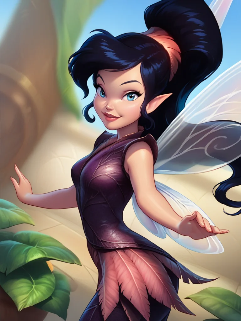 score_9, score_8_up, score_7_up, 1girl, dynamic pose, cowboy shot, looking at viewer, detailed background, cute pose, light smile, vegetation, dutch angle, from above, from side,
<lora:AVidia_character:1>, VidiaXLP, black hair, long hair, ponytail, blue eyes, fairy wings, fairy, pointy ears, purple dress, short sleeves, pants, cartoon, <lora:KajinmanLycoXL:0.7>,