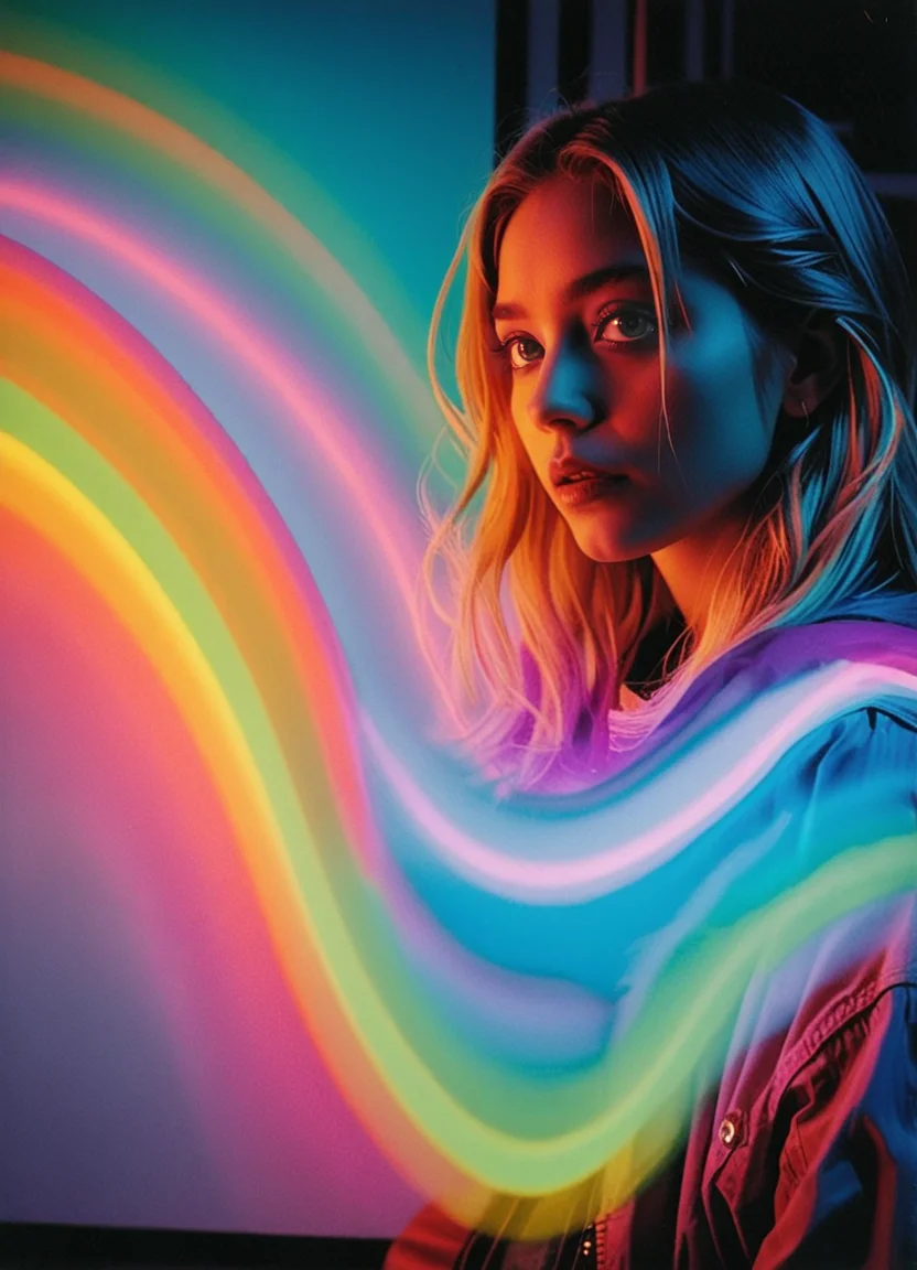 analog film photo anime artwork, grand photograph, Polaroid, surprised 28-year-old woman, (long glowing hair:1.1), canon 5d mark 4, neon light, kodak ektar, flamboyant, pastel colors, curved lines, elaborate detail, faded film, 35mm photo, grainy, vignette, vintage, Kodachrome, Lomography, stained, highly detailed, found footage (art by jc leyendecker:1.1) <lora:br1ghtXLP:0.7> multicolored <lora:43stl1ght1ngXLP2:0.7> 43stl1ght1ng, low light, dramatic lighting, darkness, neon, spotlight <lora:envyStarlight_v10:0.8> <lora:sss:0.8>
