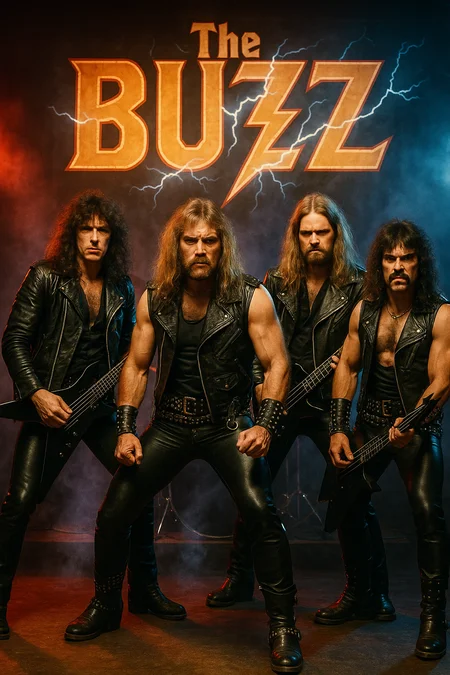 A fictional early 1980s heavy metal band called "The BUZZ" posing powerfully on stage. The band members wear classic black leather outfits with studs and chains, tight pants, leather jackets, and heavy boots. They have long, wild hair, beards or mustaches, and an intense, rebellious aura. Their instruments are dark and edgy — electric guitars with sharp, angular designs. Behind them, the band's name "The BUZZ" is displayed in massive letters, with the two Zs stylized as lightning bolts, crackling with energy. The atmosphere is dramatic and raw, with smoky lighting, red and blue stage lights, and a gritty, rebellious early-80s metal vibe. High contrast, vivid colors,