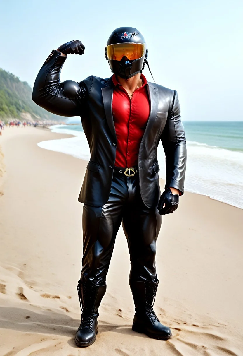 score_9, score_8_up, score_7_up, photo, photorealistic, rating_explicit, (solo:1.1), 1boy, black helmet with tinted visor, muscular male, masculine male, red glossy low collar shirt, black glossy leather blazer jacket, formal, black leather blazer suit, glossy pants, belt, skintight, black rubber gloves, black rubber boots, abs, nipples, pecs, flexing, proud, sweaty, outdoors beach, five digits