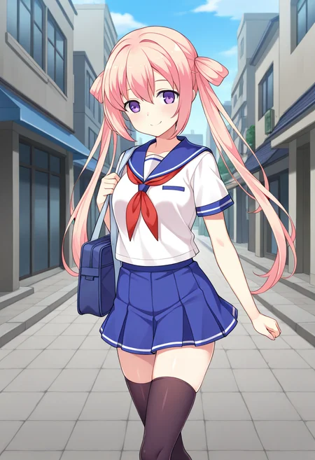 1girl, solo, fgmeiilus, pink hair, twintails, hair rings, purple eyes, shirt, short sleeves, sailor collar, neckerchief, skirt, serafuku, thighhighs, outdoors, city square, shoulder bag, walking, cowboy shot, smile, looking at viewer,