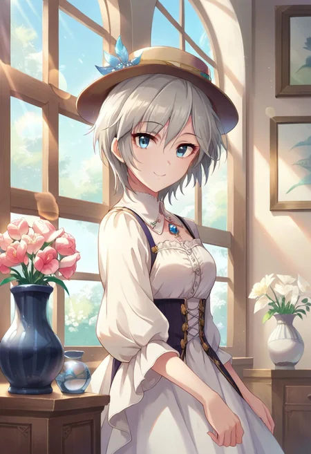 score_9, score_8_up, score_7_up, source_anime,anastasia, short hair, grey hair, blue eyes, 1girl, solo, hat, vase, flower, dress, window, smile, looking at viewer, indoors, petals, lens flare