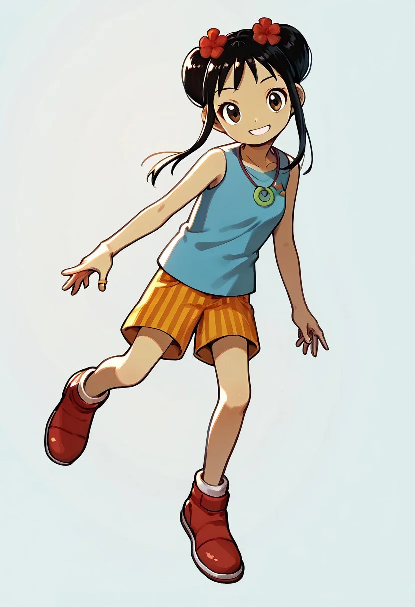 score_9, score_8_up, score_7_up BREAK Kailan, 1girl, black hair, odango hairstyle, brown eyes, red flower-hairclips, light blue tank top, red necklace with gold ring, vertical stripes orange shorts, red shoes with white accents, smiling at viewer, full body,