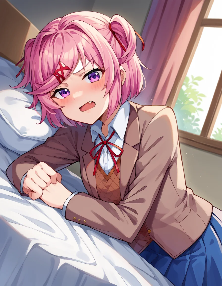 score_9, score_8_up, score_7_up, source_anime,
ddlcnatsuki, <lora:ddlc-natsuki-ponyxl-lora-nochekaiser:1>
ddlcnatsuki, fang, hair ornament, pink hair, purple eyes, short hair, short sidetail, swept bangs, x hair ornament,
blazer, blue skirt, brown jacket, collared shirt, jacket, long sleeves, miniskirt, neck ribbon, pleated skirt, red ribbon, ribbon, school uniform, shirt, skirt, swept bangs, vest, white shirt, wing collar, x hair ornament,
indoors, bed, bed room, on side, blush, drunk,
looking at viewer, dutch angle, cowboy shot,