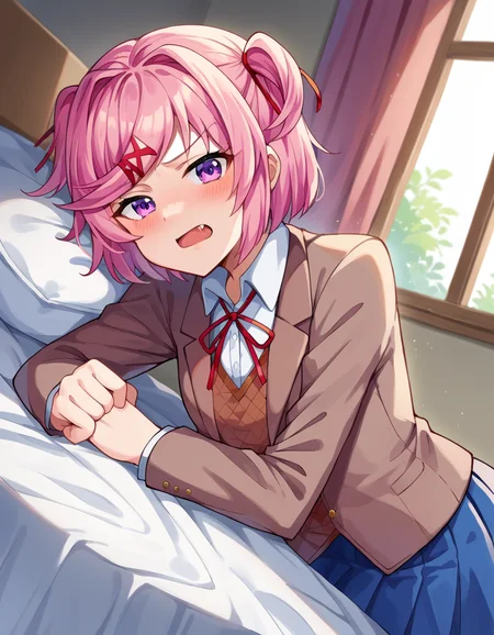 score_9, score_8_up, score_7_up, source_anime,
ddlcnatsuki, <lora:ddlc-natsuki-ponyxl-lora-nochekaiser:1>
ddlcnatsuki, fang, hair ornament, pink hair, purple eyes, short hair, short sidetail, swept bangs, x hair ornament,
blazer, blue skirt, brown jacket, collared shirt, jacket, long sleeves, miniskirt, neck ribbon, pleated skirt, red ribbon, ribbon, school uniform, shirt, skirt, swept bangs, vest, white shirt, wing collar, x hair ornament,
indoors, bed, bed room, on side, blush, drunk,
looking at viewer, dutch angle, cowboy shot,