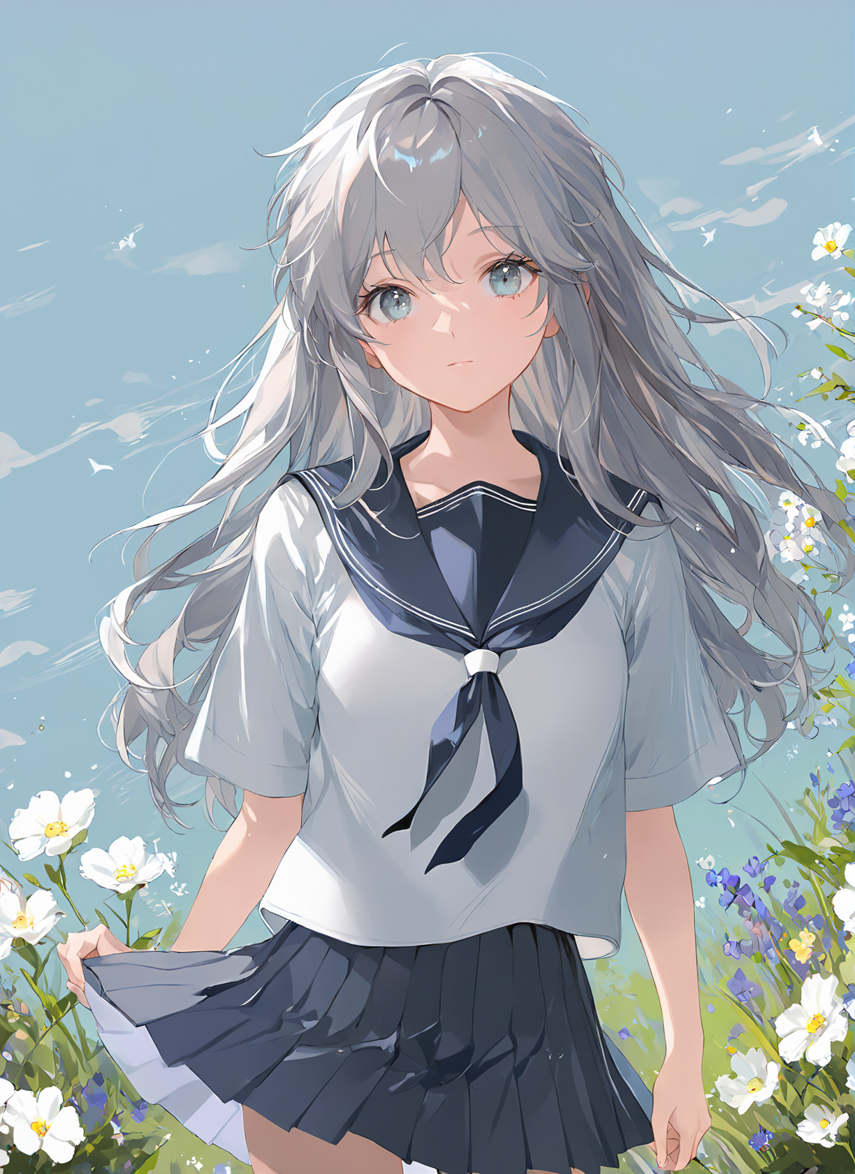 <lora:sd_xl_dpo_lora_v1-128dim:1>,original,(masterpiece),(illustration),(extremely fine and beautiful),perfect detailed,(beautiful and clear background:1.25),(depth of field:0.7),(cute:1.35),(beautiful face:1.3),(detailed beautiful eyes:1.3),1girl,(outdoor:1.2),lots of flowers,shoulder,gray long hair,<lora:xl_more_art-full_v1:1>,serafuku,sailor_collar,pleated_skirt,cowboy_shot,ask \(askzy\),<lora:jiuXL:1>,sunny,