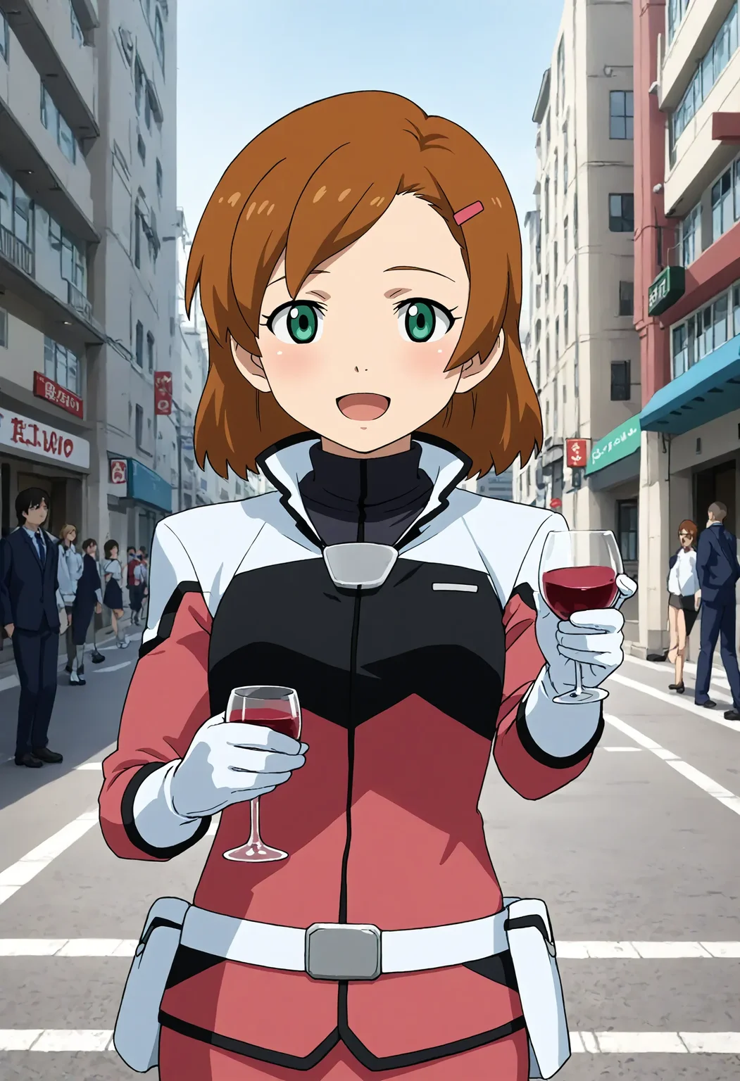 <lora:Hyper-SDXL-8steps-lora:1> <lora:Fixhands_anime_bdsqlsz_V1:1> zPDXL2, score_9, score_8_up, score_7_up, source_anime, intricate details, perfect anatomy BREAK
outdoors, city, tokyo, japan, audience, crowd, upper body, holding wine glass, looking at viewer, Neutral, A relaxed facial expression with a slightly open mouth., 1girl, solo, solo focus,
<lora:GAGE-romary_stone_XL(pony)v10:1> gage-romary, brown hair, hair ornament, green eyes, gage-romary outfit, red dress, white gloves, red skirt, black pantyhose, white boots,