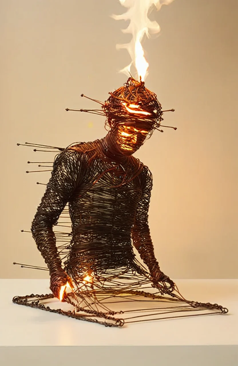wire art, injection,man,fire,realistic,surrealistic,<lora:éä¸èºæ¯:0.7>