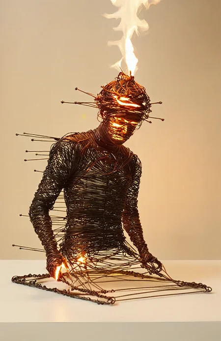wire art, injection,man,fire,realistic,surrealistic,<lora:éä¸èºæ¯:0.7>