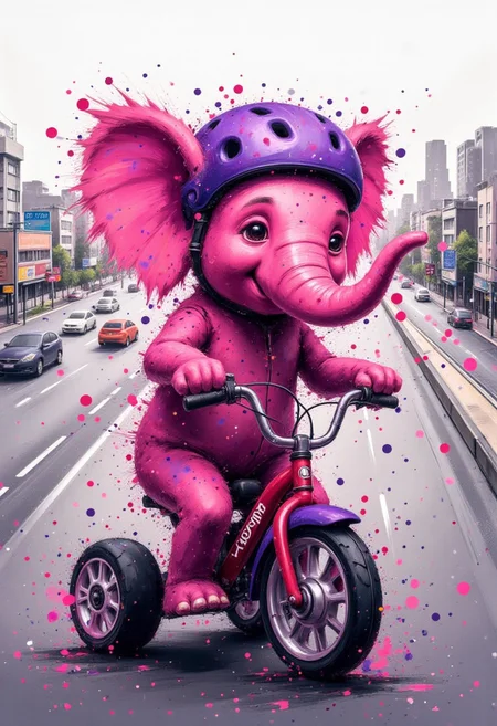 cinna flow, rainbow ink splats, monochrome, an adorable pink elephant sitting on and riding an incredibly tiny tricycle. Wearing a tiny purple bike helmet with 2 angel wings, one on each side of the helmet, which barely fits on the elephant's much larger head. Riding down a busy highway. Lighthearted and humorous. Very detailed, vibrant colors