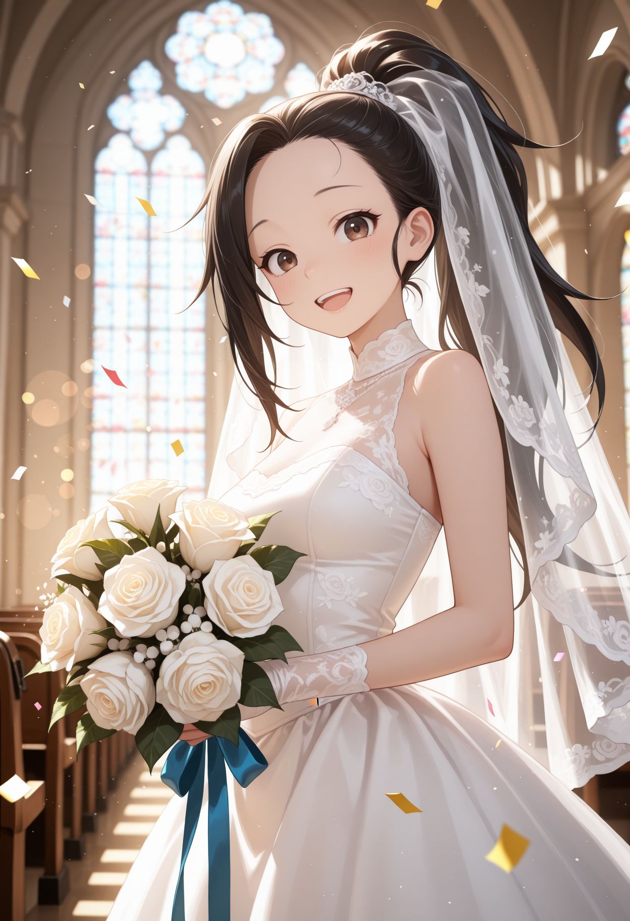 masterpiece,best quality,absurdres,highres,very aesthetic,high quality,detailed,insanely detailed,beautiful,perfect lighting, ,depth of field,blurry background,bokeh, looking at viewer, 
  <lora:Tsubaki illu:1> 1girl, black hair, high ponytail, long hair, brown eyes, forehead,wedding dress, veil, church, holding bouquet, (confetti:1.1), smile, open mouth, white dress, wedding dress), indoor