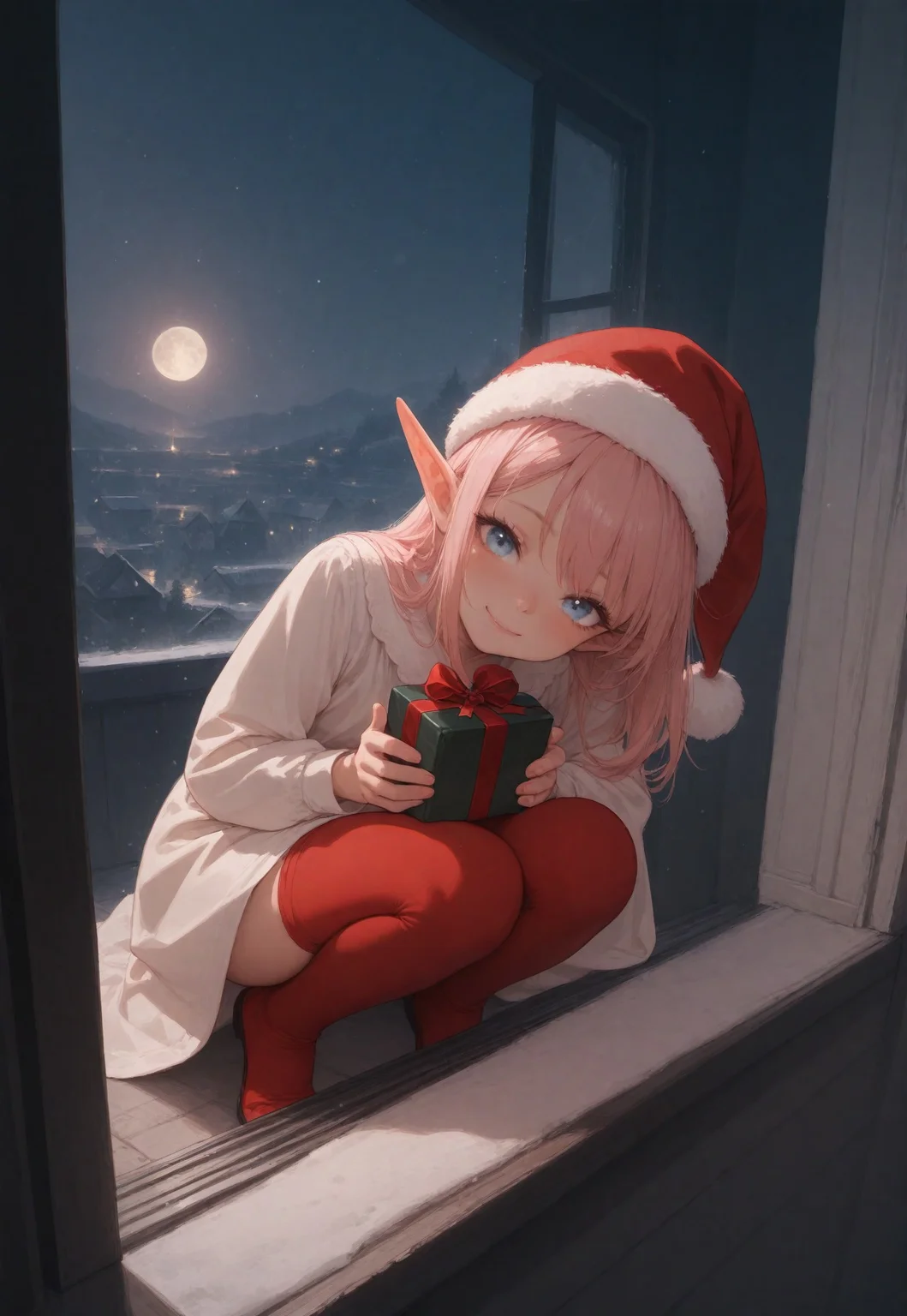masterpiece ,best quality ,amazing quality ,very aesthetic,absurdres,newest,scenery,highres,
detailed, rpov, 1girl, elf, dressed, perfect body, skinny, skinny_thigh, , solo, PFTAsadaS,1girl, ,long pink hair, christmas hat, red stockings, indoors, dark room, dress, night, open window, moon, ((snowing)), holding gift, happy, smile, ((squatting on window sill)), love,