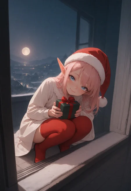 masterpiece ,best quality ,amazing quality ,very aesthetic,absurdres,newest,scenery,highres,
detailed, rpov, 1girl, elf, dressed, perfect body, skinny, skinny_thigh, , solo, PFTAsadaS,1girl, ,long pink hair, christmas hat, red stockings, indoors, dark room, dress, night, open window, moon, ((snowing)), holding gift, happy, smile, ((squatting on window sill)), love,