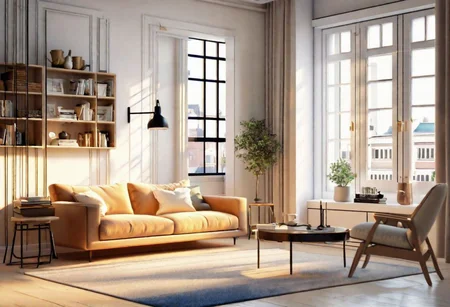 ((front view)), Shallow scene, ((animation style)), modern-style interior, with white walls, (large windows), Nordic-style furniture, a  study, Sofa, coffee table, bookcase, single wall, 
warm light morning sun, (the view of the city)