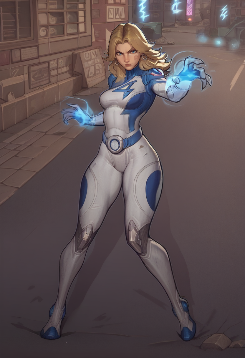 score_9, score_8_up, score_7_up, score_6_up, expressiveh, invisiblewoman_rivals, 1girl, solo, full body, blonde hair, long hair, eyeliner, blue eyes, earrings, bodysuit, white bodysuit, white clothes, gloves, belt, boots, blue details, looking at viewer, action pose, dynamic pose, glowing hands, blue energy, dynamic, white outline, detailed background, city streets, battle on city, rubble, destroyed city, urban, fierce <lora:AsuraLycoXL:1> <lora:Invisible_Woman_Marvel_Rivals_-_PonyXL:0.7>