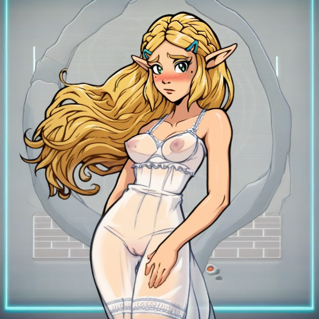 source_hentai, score_9, score_7_up, (4k4bur5tyl3), retro_artstyle, science_fiction, BREAK, Princess Zelda, long hair, (blonde hair), green eyes, perfect eyes, eyelashes, blonde eyebrows, blush, looking at viewer, rating_explicit, 1girl, solo, mole under eye, mole on thigh, dress, see-through, lingerie, covered nipples, cameltoe, detailed background,