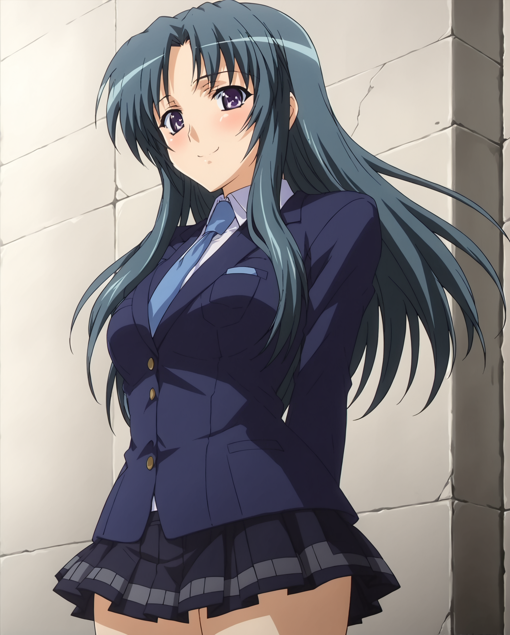 score_9, score_8_up, score_7_up, source_anime BREAK 1girl, Sayuri, solo, long hair, blush, looking at viewer, purple eyes, blue hair, hetero, standing, breasts, school uniform, pleated skirt, blazer, necktie, smile, hands behind back, cowboy shot, <lora:Sayuri_Houkago_2_Sayuri_for_Pony:1>, rating_questionable