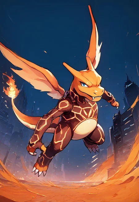 score_9, score_8_up, score_8,
Charizard, no humans, 10s, creatures (company), fangs, fire, game freak, gen 1 pokemon, highres, nintendo, official art, pokemon, simple background, solo, sugimori ken,
zzCitronLegacy, looking at viewer,  bodysuit, neon glow, 
city, night, 
zPDXL, Expressiveh