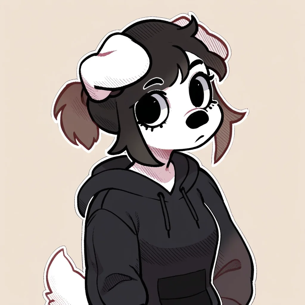 score_9_up, score_8_up, score_7_up, score_6_up, half-length portrait, medium breasts, black hair, deer, dog, white body, floppy ears, black topwear, hoodie, ponytail, female, looking at viewer, tail, solo, neutral expression, jeans, three-quarter view, head tilt, simple background, white outline,