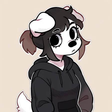 score_9_up, score_8_up, score_7_up, score_6_up, half-length portrait, medium breasts, black hair, deer, dog, white body, floppy ears, black topwear, hoodie, ponytail, female, looking at viewer, tail, solo, neutral expression, jeans, three-quarter view, head tilt, simple background, white outline,