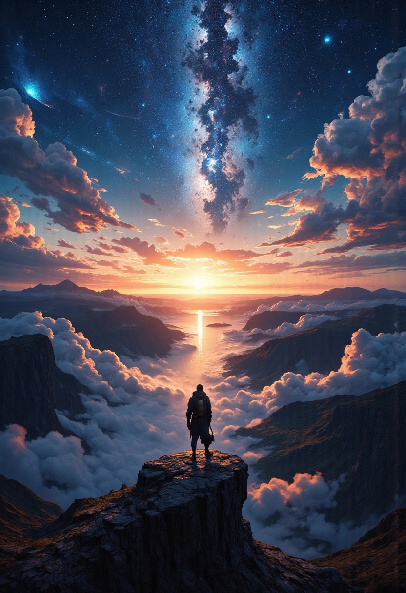 depict "The infinity of God" as a endless lanscape with a sunrise at the horizon. a single figure stands at the edge of a cliff. the milkyway is visible in the sky. clouds, sun flares, surrealistic, spiritual