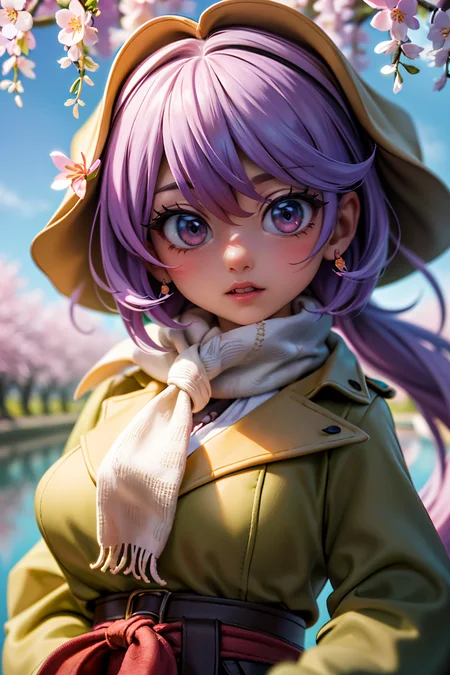 , (best quality, masterpiece, colorful, highest detailed), dynamic pose, pose <lora:backlight_slider_v10:-1> <lora:eye_size_slider_v1:3>
a cartoon character with big eyes, round eyes, with a trench coat and a scarf on her head, wearing a trench coat and a scarf around her neck, Artgerm, trending on artstation,
architecture, bird, boat, branch, bridge, cherry blossoms, east asian architecture, falling petals, flower, hanami, in tree, outdoors, pagoda, path, petals, petals on liquid, pink flower, plum blossoms, pond, river, scenery, sitting, s spring \(season\), tree, tube, water, wind, wisteria,
(ultra-detailed body), (beautiful background:1.3), (intricate details), (dynamic angle)