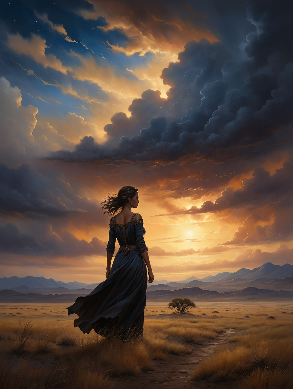 oil painting, silhouette of a woman in the steppe wilderness, , dramatic light, 34K uhd, masterpiece, high detail, 8k, intricate, detailed, high resolution, high res, high quality, <lora:add-detail-xl:1.8>, highly detailed, Extremely high-resolution details, fine texture,