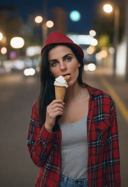 A 30yo woman eating a cone icecream.  blue eyes. perfecteyes
Wearing Jeans and Plaid red shirt with a hat/cap red. 
Long dark black slick back hair. No makeup.
Night time, Street light. 
Looking at camera POV. 
Medium Close Up shot.
Bokeh. Bokeh light.  
Blurred background.