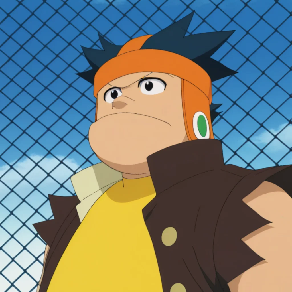 male, fat, dark teal hair, spiked hair, headband, black eyes, unibrow, jumpsuit, vest, torn sleeves, sleeveless, outdoors, sky, fence, day
