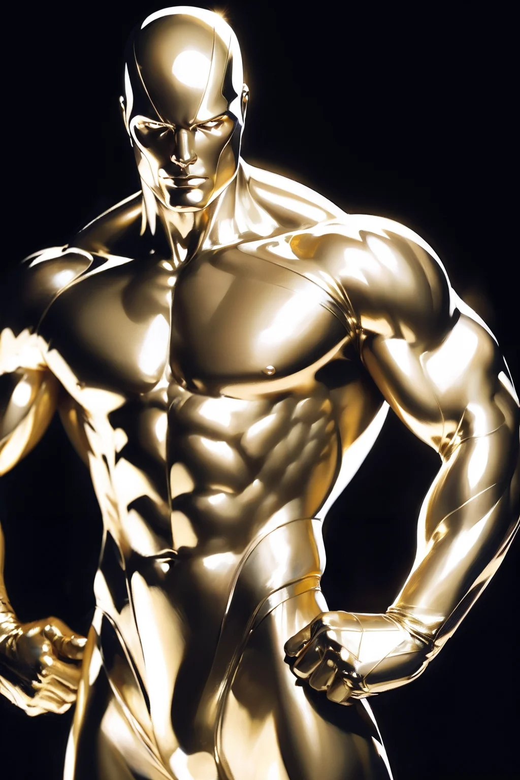 gold silversurfer marvel, hands on hips, black background, muscular flexing, manly young adult man, naked, masterpiece, best quality, realistic, dramatic lighting, atmospheric, intricate detail