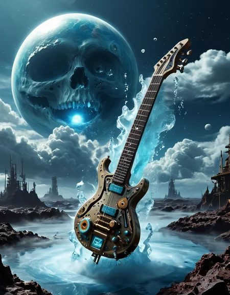 <lora:Space_Worlds_02_Dark_xlv1:1> sw02d_xl, in space, water planet, steampunk, space nebula, planet decay, clouds steampunk surrealism, electric guitar, ice,