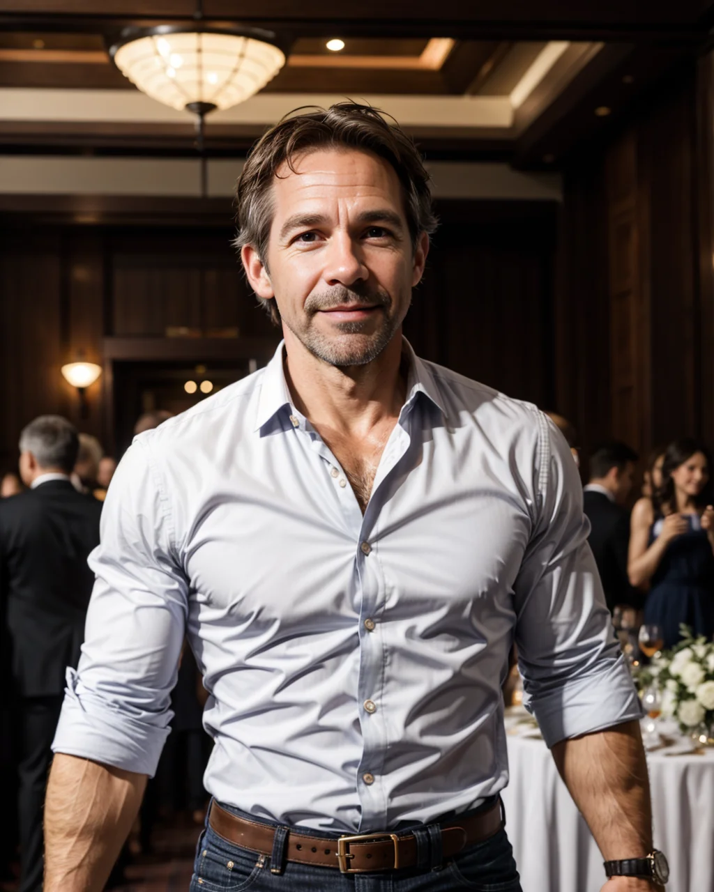 man, billGNRC, dazzling possibility, smiling, button up short and black jeans, an elegant wedding reception