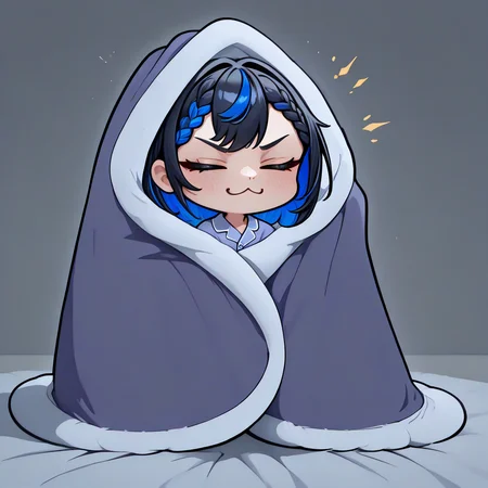 masterpiece, best quality, newest, absurdres, highres, blanket, chibi, under covers, <lora:CozyBlanket_illusXL_Incrs_v1:1>, <lora:gijinkaseries_civitai_illustriousXL:1> civitai-chan, colored inner hair, black hair, blue hair, braided bangs, alternate costume, pajamas, closed eyes, :3,