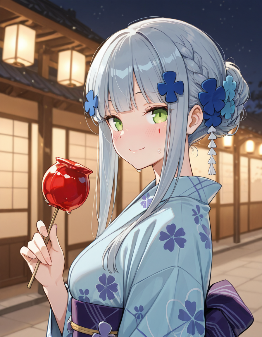 Volumetric Lighting, (masterpiece), (best quality), (ultra-detailed), masterpiece, source_anime, score_9, score_8_up, score_7_up BREAK, illustration, disheveled hair, detailed eyes, perfect composition, moist skin, intricate details, detailed eyes, detailed face, detailed fingers BREAK, HK416, 1girl, solo, long hair, looking at viewer, blush, smile, holding, closed mouth, green eyes, upper body, braid, flower, grey hair, sidelocks, food, japanese clothes, hair flower, blunt bangs, kimono, from side, sash, facial mark, obi, floral print, holding food, blue flower, yukata, blue kimono, print kimono, candy apple, 416_hair_ornament