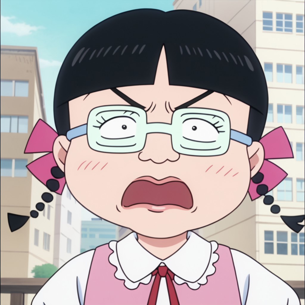 score_9, score_8_up, score_7_up BREAK MigiwaSan, 1girl, black hair, black eyes, blunt bangs, braided pigtails, pink ribbons, square crystal glasses, pink lipstick, white-collared pink long-sleeved shirt, face view, face closeup, solo, solo focus, female, female focus, screenshot, official art, parody, anime footage, official design, screencap, anime screenshot, official screenshot, 2d, anime, source_anime, angry at viewer, furious, city outdoors, city background,