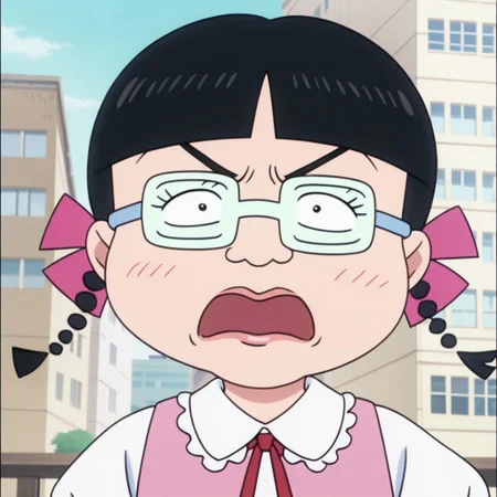 score_9, score_8_up, score_7_up BREAK MigiwaSan, 1girl, black hair, black eyes, blunt bangs, braided pigtails, pink ribbons, square crystal glasses, pink lipstick, white-collared pink long-sleeved shirt, face view, face closeup, solo, solo focus, female, female focus, screenshot, official art, parody, anime footage, official design, screencap, anime screenshot, official screenshot, 2d, anime, source_anime, angry at viewer, furious, city outdoors, city background,