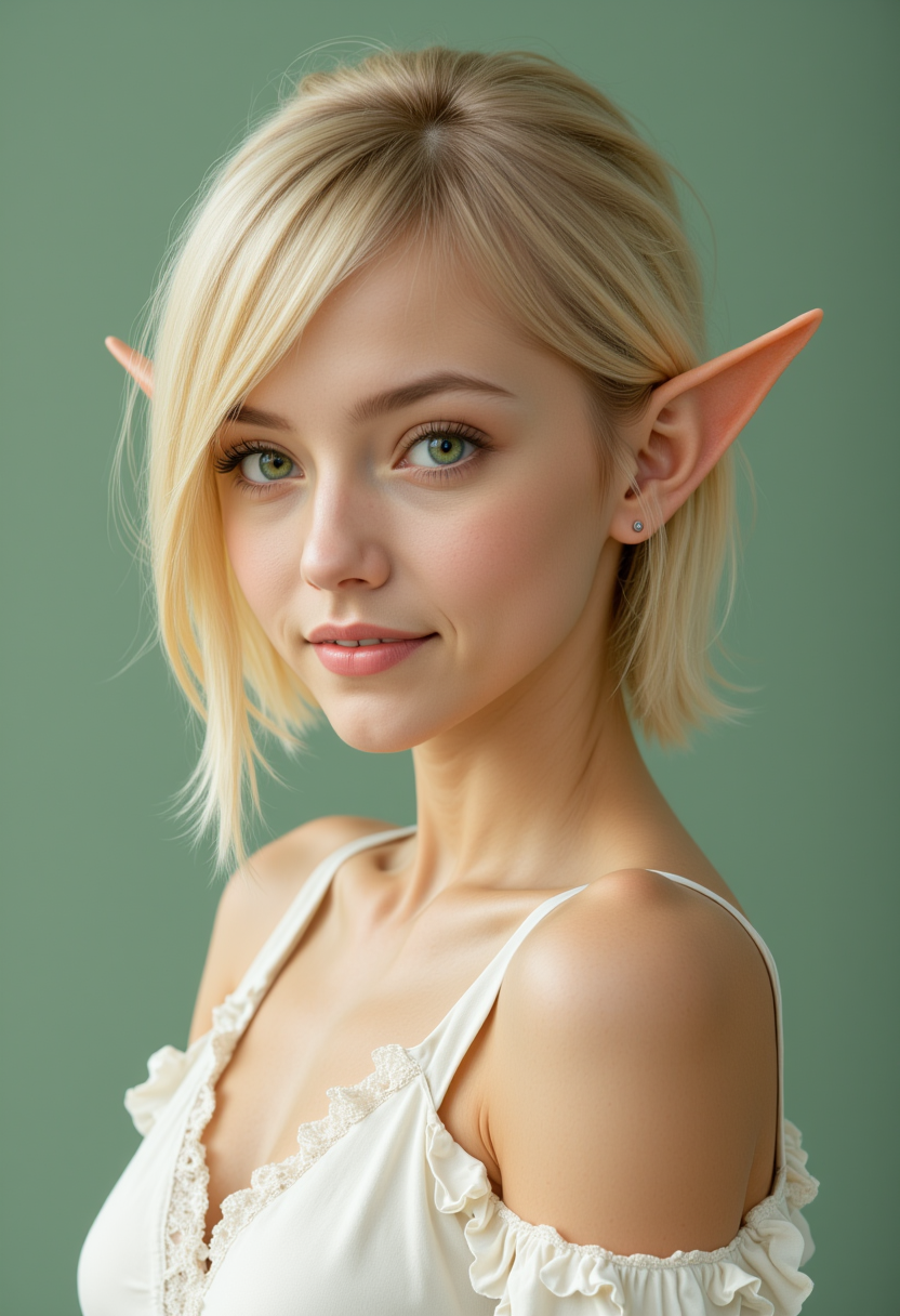 She is approximately 18 years old. Hyperrealism, she is looking at the camera, (dynamic angles), headshots of a beautiful, stunning unique female character.  she has blonde hair. her eyes are green and filled with joy and excitement, extravagant eyelashes, she has elf ears. a photo of a N1n@_SpQ, she is wearing a white frilly shirt. The woman is posing confidently. simple sage green colored background. She has a slight smile on her face and is looking directly at the camera. making this image a masterpiece of photography and digital art. realistic. making this image a masterpiece of photography and digital art. Style: realistic hyper-detailed rendering, 32k UHD, expressive eyes, punk, graphic design, girl's face, pretty and cute, gleaming lips, telling a tale of adventure. Exuding confidence and serenity. The overall mood of the image is happy and relaxed,detailed skin texture,(blush:0.2),(goosebumps:0.3),subsurface scattering,whimsical,Detailed hand, Perfect hand. Perfection style.