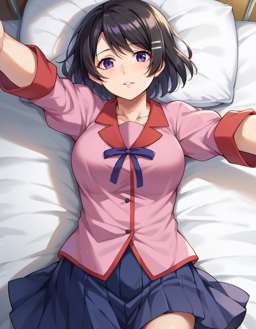 score_9, score_8_up, score_7_up, source_anime,
tsubasahanekawa, <lora:tsubasa-hanekawa-ponyxl-lora-nochekaiser:1>,
hanekawa tsubasa, short hair, black hair, hair ornament, purple eyes, hairclip, mature female,
skirt, school uniform, naoetsu high school uniform,
indoors, bed, bed room, on back, arm support, arms up, incoming hug, pov, reaching, reaching towards viewer,
looking at viewer, cowboy shot, dutch angle,