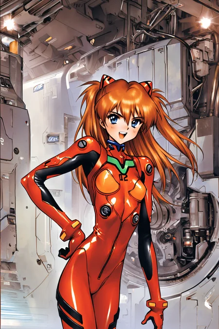 1girl,long hair,plugsuit,bodysuit,souryuu asuka langley,pilot suit,bracer,blue eyes,smile,open mouth,breasts,bangs,turtleneck,solo,cowboy shot,:d,hair between eyes,gloves,red bodysuit,small breasts,looking at viewer,headgear,two side up,hand on hip,skinny,adjusting hair,narrow waist,standing,orange hair,science fiction,hand up,shiny clothes,hair ornament,happy,from side,shiny,skin tight,traditional media,
<lora:Masamune Shirow_XL:0.8>,