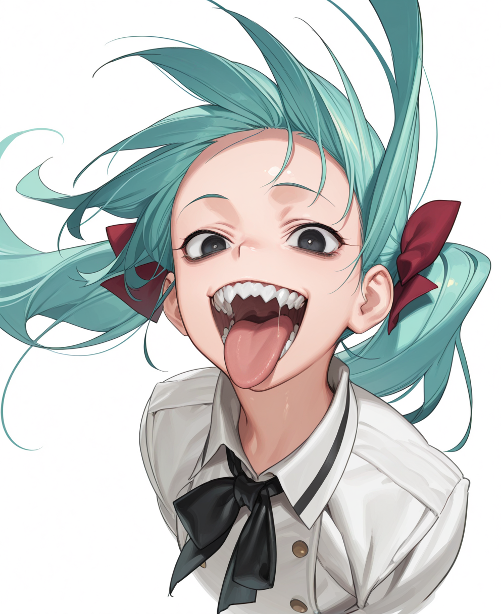 <lora:amrkdrw:1> amrkdrw,
(masterpiece), (best quality), (ultra-detailed), amazing quality, very aesthetic, illustration, perfect composition, intricate details, absurdres, incredibly absurdres, shiny skin, realistic,
 amrkdrw, 1girl, solo, sharp teeth, teeth, black eyes, open mouth, long hair, simple background, twintails, looking at viewer, white background, smile, aqua hair, bow, upper body, hair bow, tongue, floating hair, general