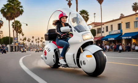 woman riding large round motorcycle, best quality, highly detailed, bokeh, cool sneakers, <lora:cap9motosdxl:0.8>, beautiful landscape, cinematic lighting, photorealistic, cap9motosdxl, vibrant colors, front view, in motion, los angeles, venice beach