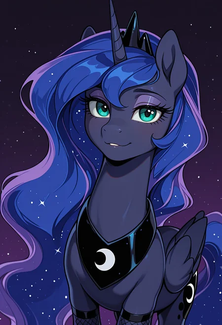masterpiece, best quality, amazing quality, very aesthetic, absurdres, newest, solo. pony, mare, N1j1, Princess Luna, Princess Luna is an alicorn, her body is the dark blue of the night sky, Her mane and tail are long and wavy, Her eyes are green, She wears a crescent-shaped ornament on her neck, and a crown on her head, sassy_looking,